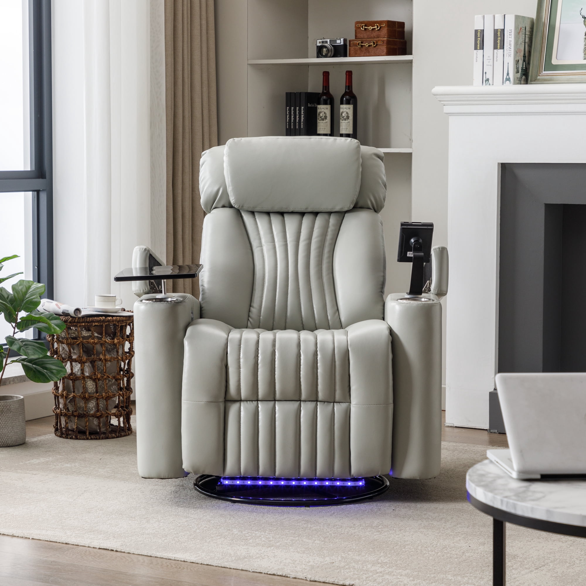Harper & Bright Designs PU Power Swivel Recliner with Cup Holder, Home Theater Seating with Hidden Arm Storage and LED Light Strip, Grey