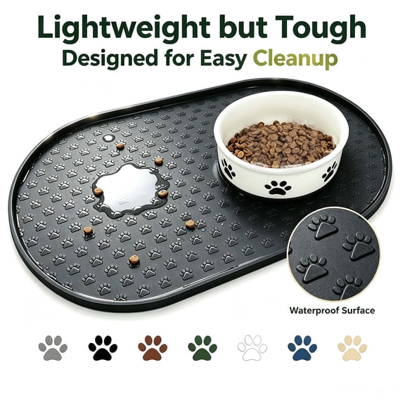 Pet Food Mat with Raised Edge for Dog & Cat, 12"x19" Non-Slip Pet Feeding Mats with Lip for Food & Water Bowl, Food Grade, Easy Cleaning _ Black