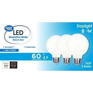 Great Value LED Bulb, 4.5-Watt (60W Equivalent) G25 Deco Bulbs E26 Base, Daylight, 3-Pack
