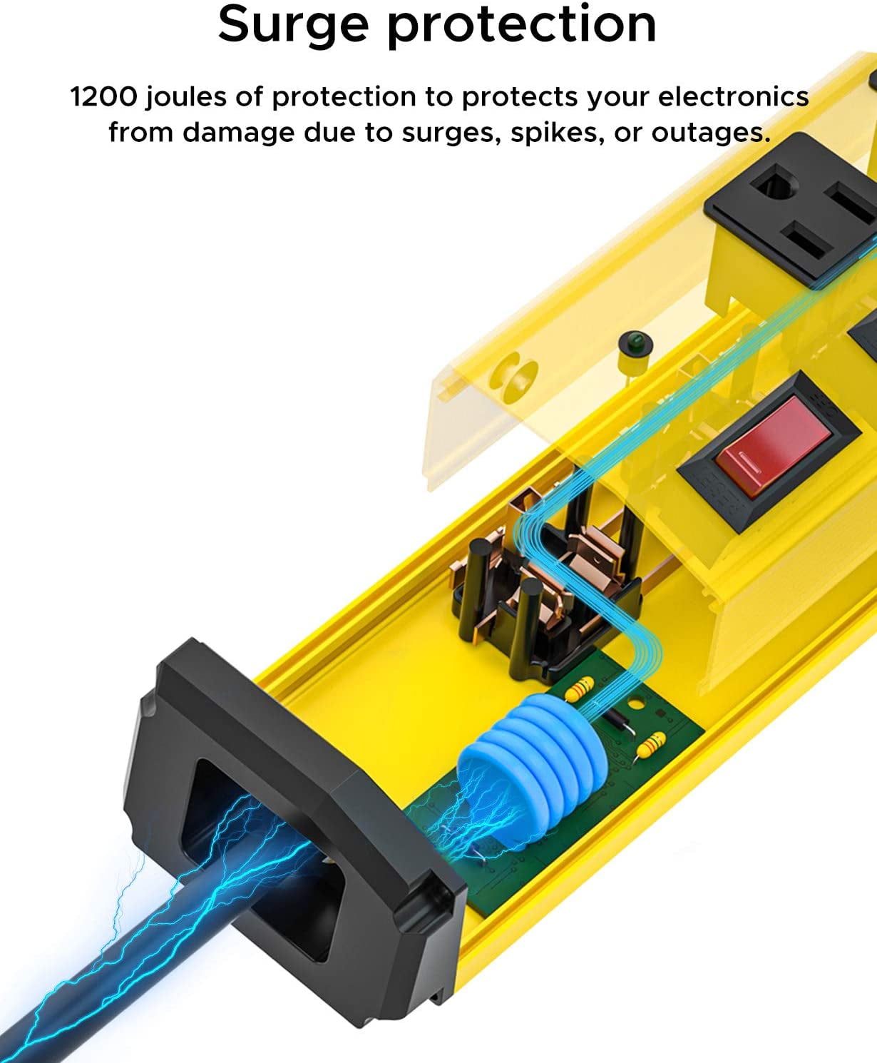 CRST Heavy Duty Metal Power Strip Surge Protector Individual Switches 6-Outlet with 45° Flat Plug 6 Feet 14AWG SJT Extension Cord, 1875W
