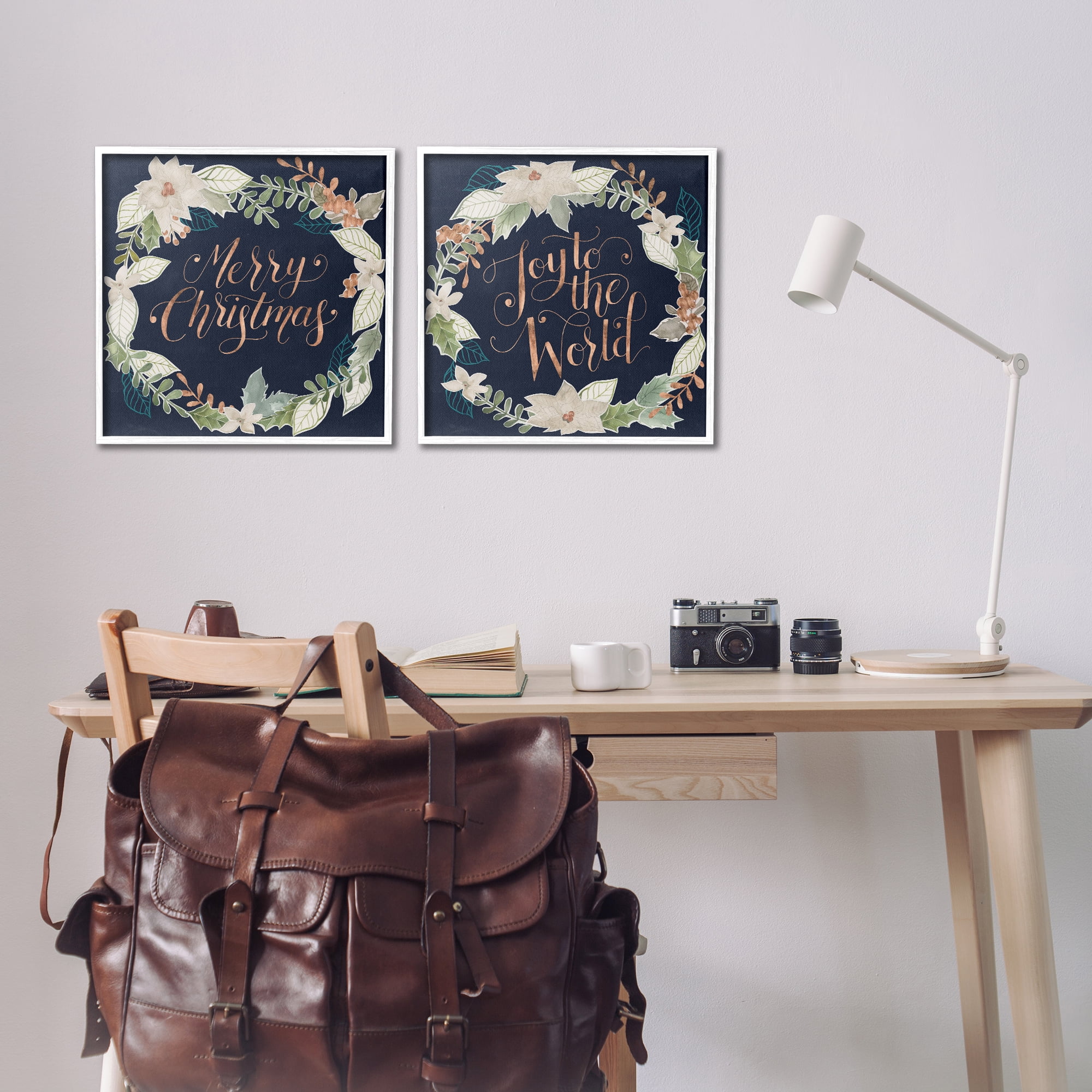 Stupell Industries Merry Christmas Joy Wreath Holiday Painting White Framed Art Prints Wall Art, 17 x 17, Set of 2