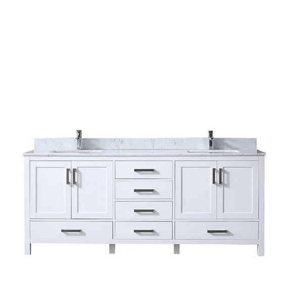 80 in. Jacques Double Vanity with White Carrera Marble Top, White Square Sinks & No Mirror White