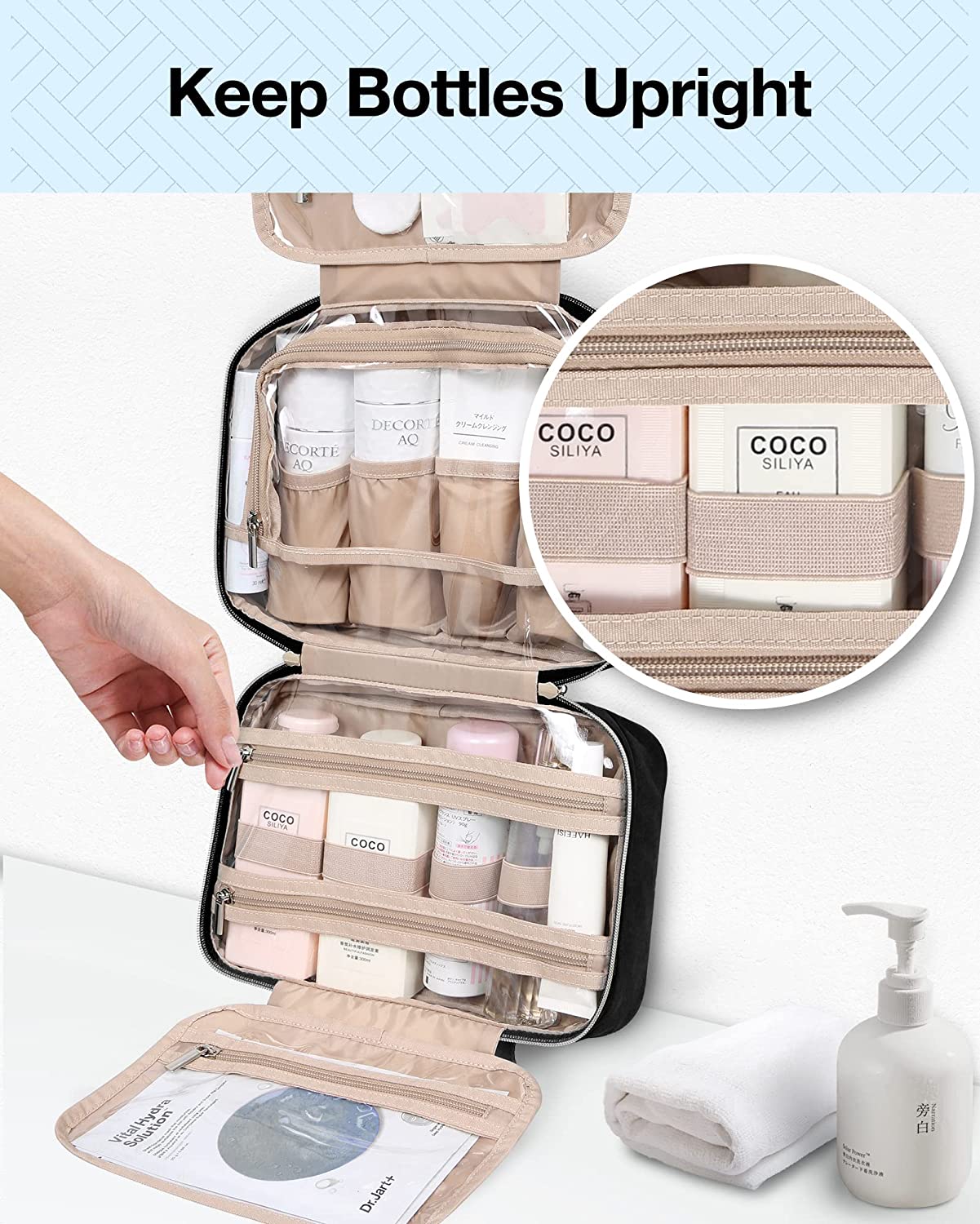 Toiletry Bag Hanging Travel Makeup Organizer with TSA Approved Transparent Cosmetic Bag Makeup Bag for Full Sized Toiletries, Medium-Black