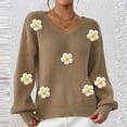 thumbnail image 4 of Cute Sweaters for Women Flowers Applique V Neck Comfy Knit Pullover Tops Long Sleeve Casual Trendy Fall Clothes (L, Khaki), 4 of 7