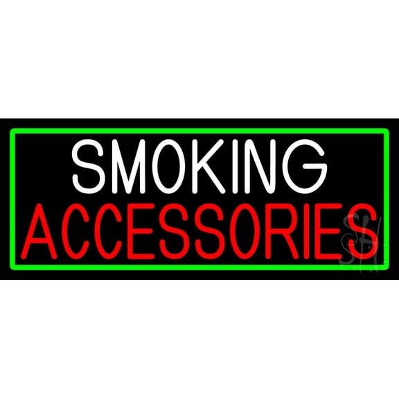 Smoking Accessories With Green Border LED Neon Sign 10 x 24 - inches, Clear Edge Cut Acrylic Backing, with Dimmer - Bright and Premium built indoor LED Neon Sign for Bar decor.