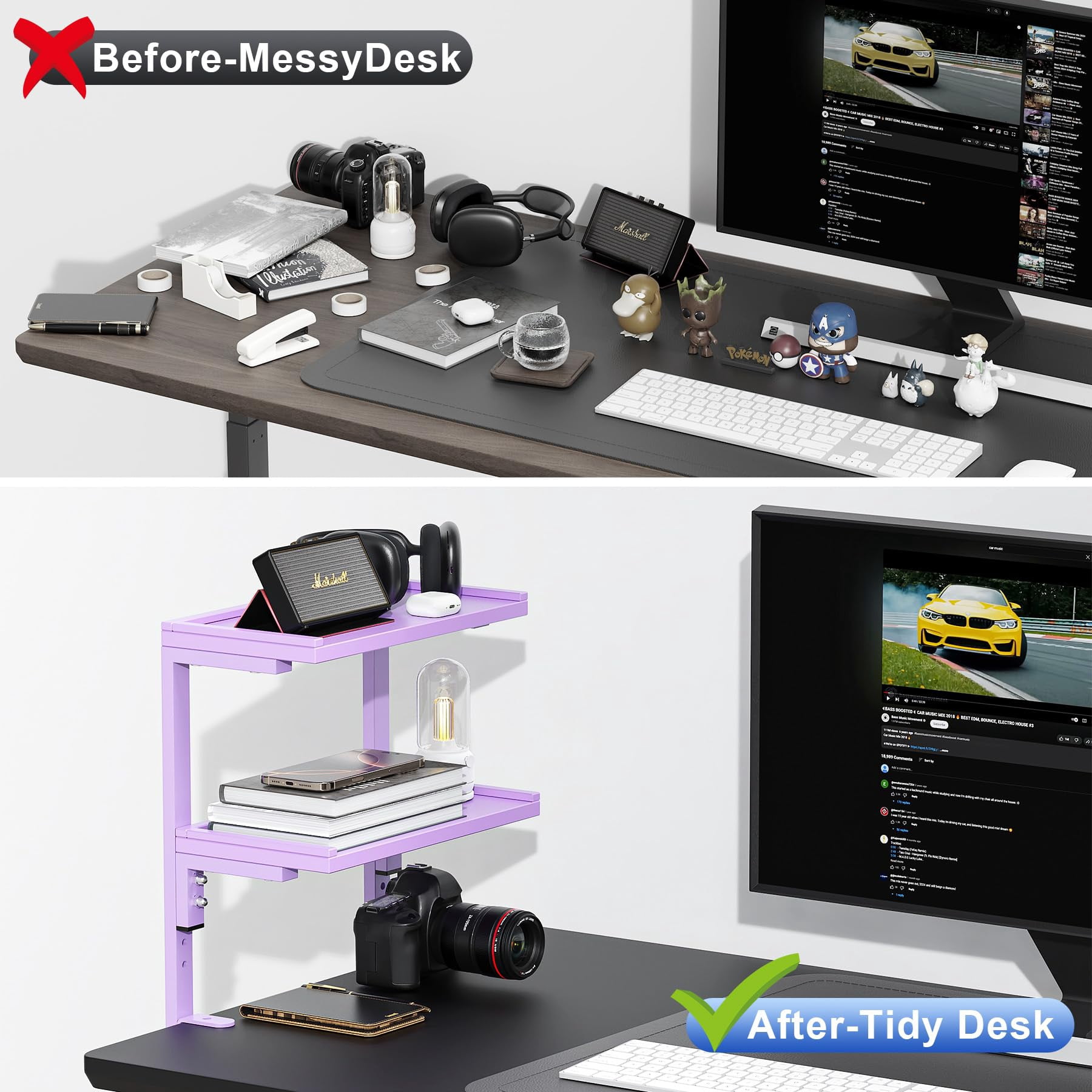 2-tier Desk Shelf  Expandable Under Storage Clamp On Desktop Accessories For Offices Study Rooms And Game (purple)