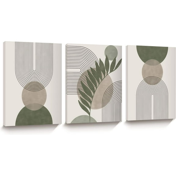 Sage Boho Wall Art, 12x16in Framed Canvas Wall Art Pictures, Mid-Century Modern Wood Framed Abstract Prints for Bedroom,Minimalist wall Decor Bathroom 3Pack
