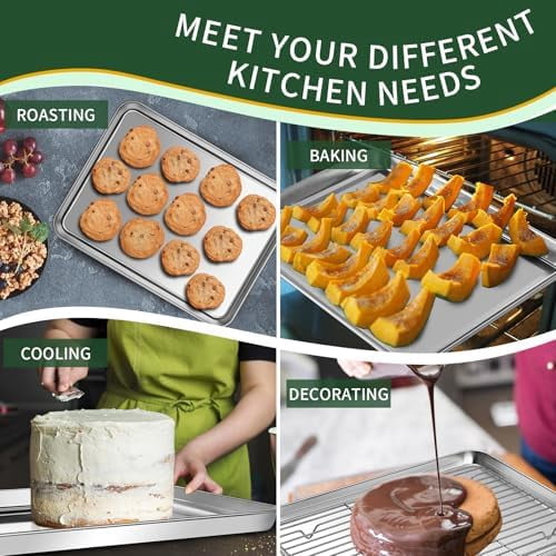 Baking Sheet and Cooling Rack Set (2 Baking Pans + 2 Baking Racks), Stainless Steel Cookie Sheet Baking Pan Tray for Toaster Oven, Non Toxic & Heavy Duty & Easy Clean, Size 16 x 12 x 1 Inches