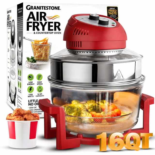 Granitestone Big Boss 16Qt Extra Large Glass Air Fryer Non Toxic – Family Sized 4 in 1 Cooker with 3 Cooking Sections, Stainless Steel Racks, Self Cleaning, Dishwasher Safe Red