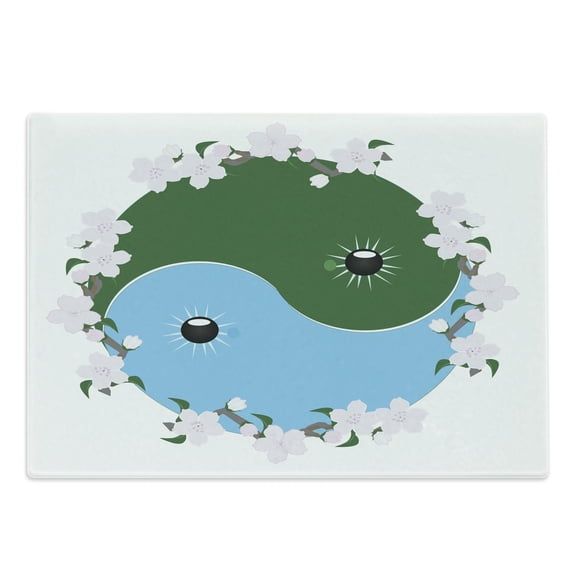 Yin Yang Cutting Board, Chinese Culture Ornamented with Japanese Cherry Blossom Flowers, Decorative Tempered Glass Cutting and Serving Board, in 3 Sizes, by Ambesonne