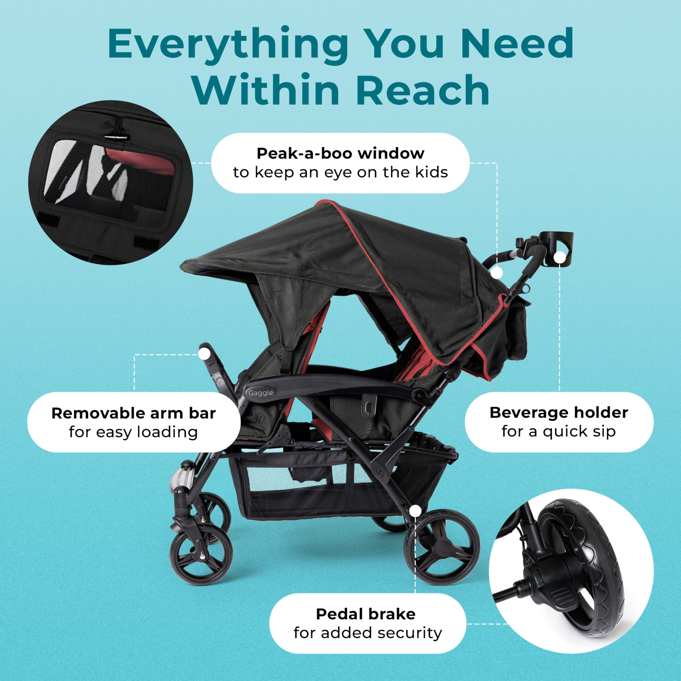 Foundations Gaggle Odyssey 4-Seat Quad Stroller, Reclining Bench Seats with Canopy, Red/Black​