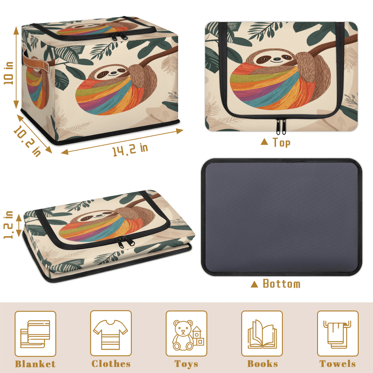 ADECORIVY Tree Sloth Fabric Storage Bin with Lid, Decorative Closet Shelf Organizers, Colorful Funny Foldable Basket Box Clothes Storage Bin with Handles
