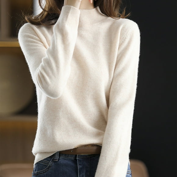Turtleneck Knit Sweaters Merino Wool Seamless Sweater Sweaters for Women Oversized Sweaters 2025 Fashion Soft Touch Funnel Loose Pullover Cropped Sweater Knitted Pullover Soft Warm Cozy Beige XL