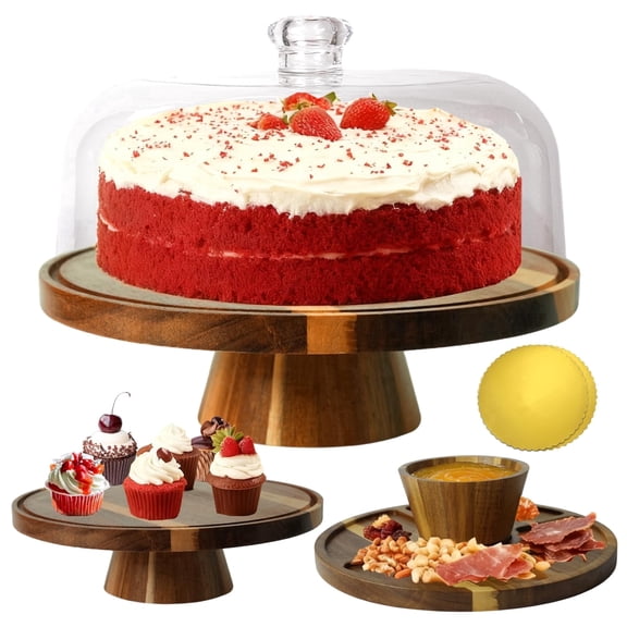 2 in 1 Acacia Wood Cake Stand with Lid, Multi-Functional Cake Display Stand, Flips to Charcuterie Board & Chips Dip Tray, for Weddings, Parties, Kitchen Decor