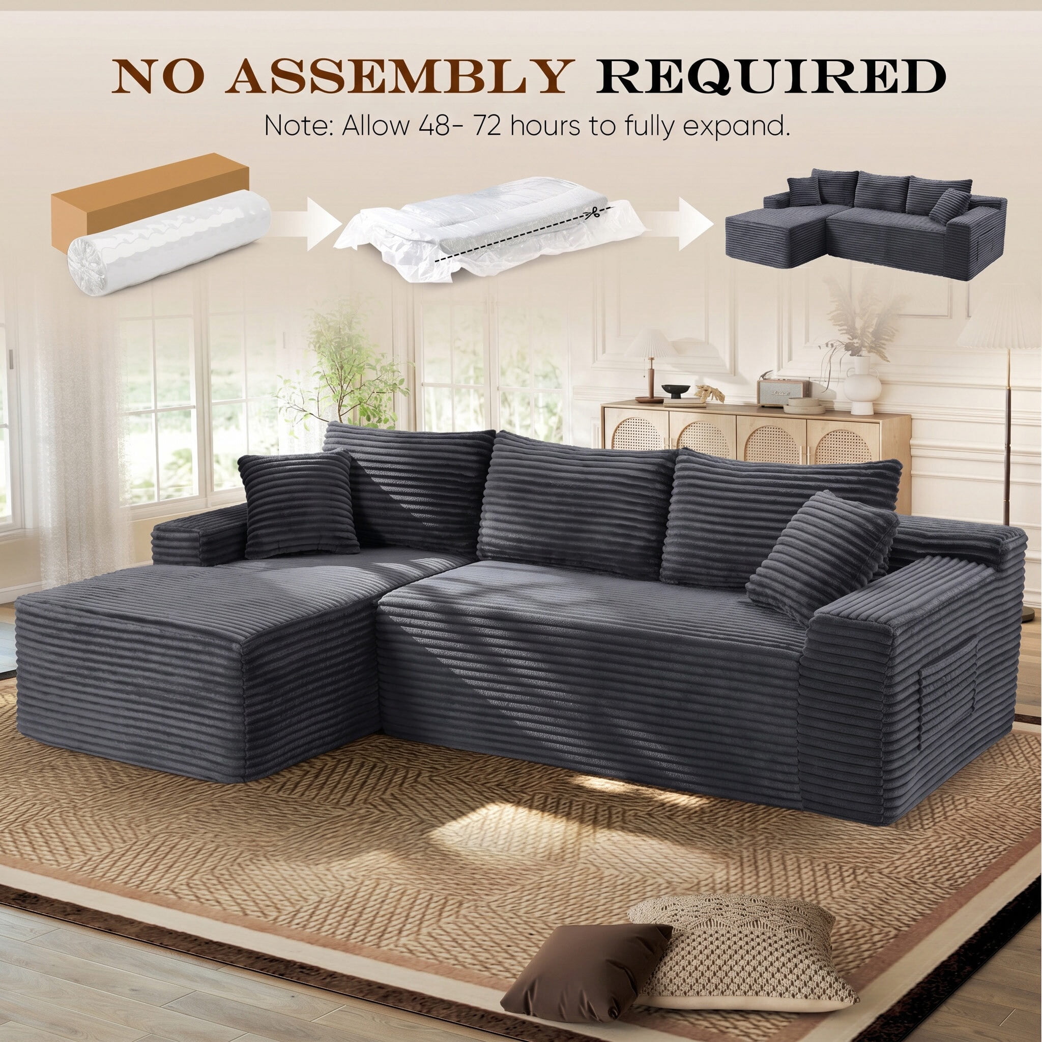 Lunale Small Modular Sectional Sofa with Movable Chaise, L-Shaped Boneless Cloud Couch for Living Room, Gray (Left Facing Chaise)