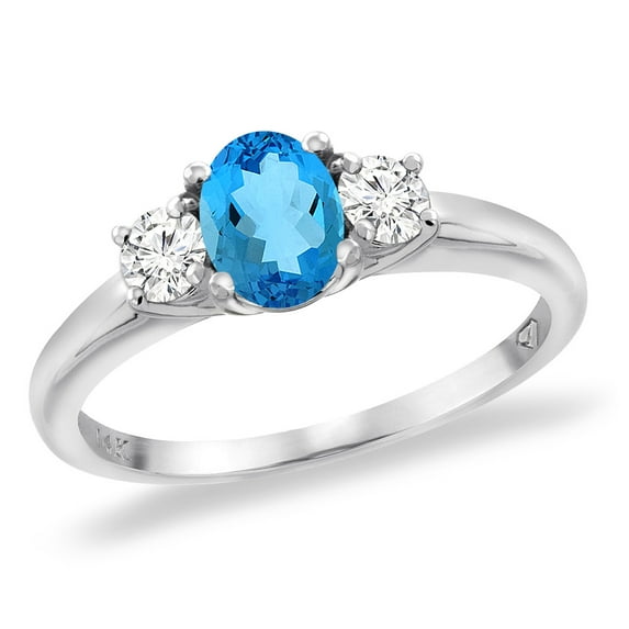 14K White Gold Natural Swiss Blue Topaz Engagement Ring Diamond Accents Oval 7x5 mm, size 9.5