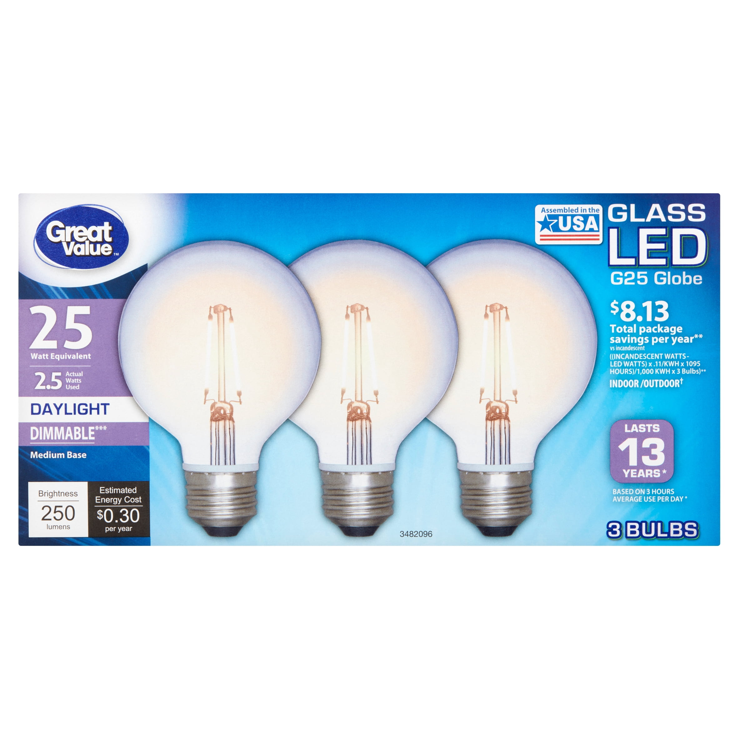 Great Value Glass LED G25 Globe 2.5 Watts Daylight Medium Base Bulbs, 3 count