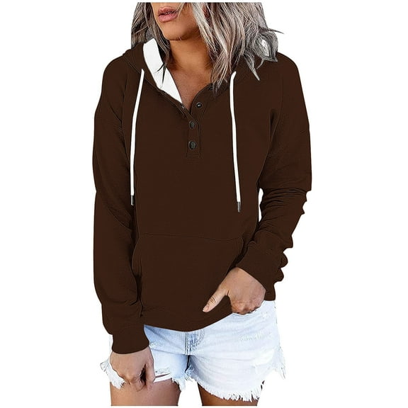 Women's Contrast Color Long Sleeve Hooded Sweatshirt Pullover Top Casual Button Front Drawstring Pocket Comfortable Winter Loose
