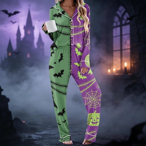 SAKMAL Womens Halloween Pajamas Button Down Bat Print Cute Long Sleeve Ladies 2 Piece Top with Matching Long Pants Holiday Sleep Set