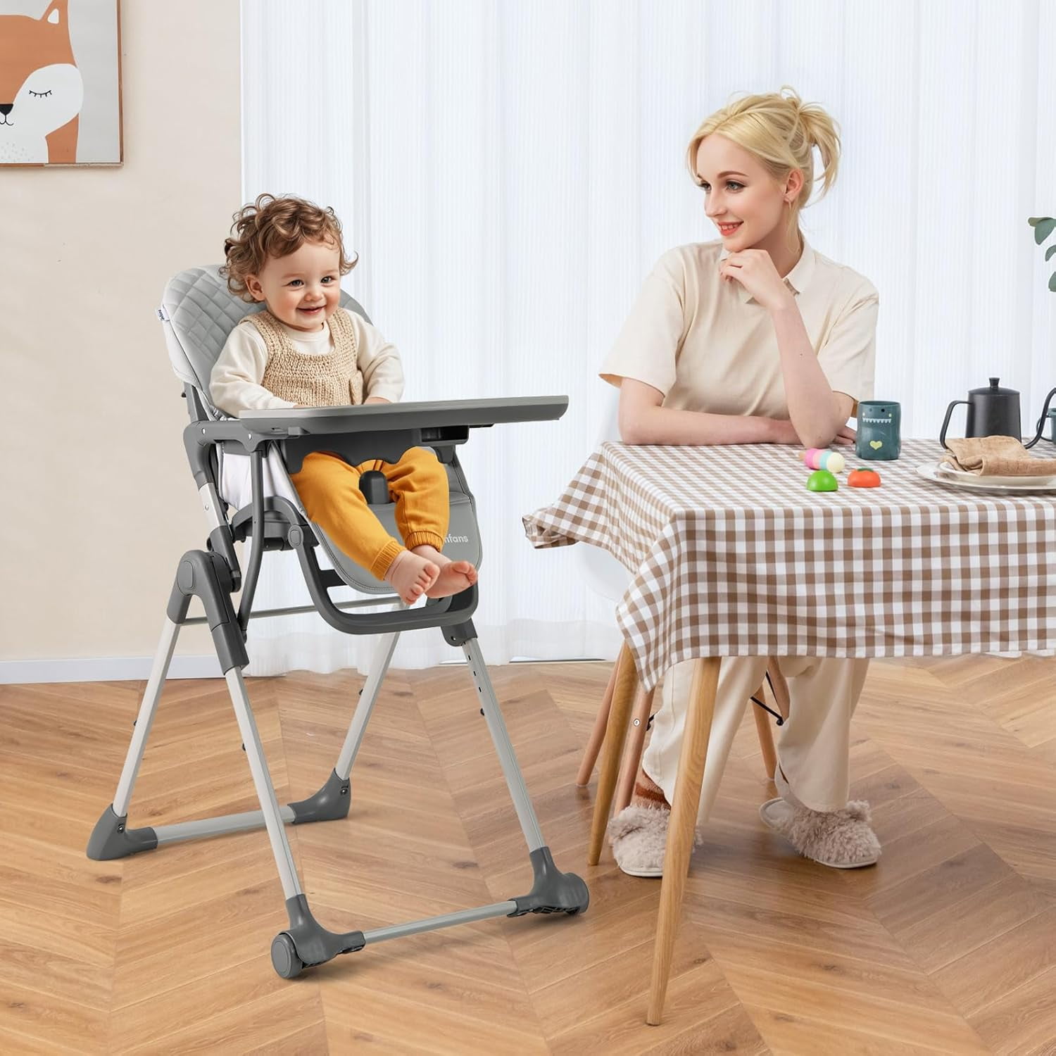 INFANS Baby High Chair, Convertible Quick Folding Portable Highchair for Babies and Toddlers with Adjustable Height Backrest Footrest 2 Wheels Removable Tray, Easy to Clean PU Seat