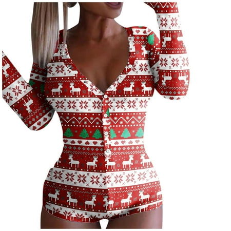 

TANGNADE autumn and winter casual trousers for ladies Women Christmas Print Long Sleeve Nightwear Jumpsuit Bodysuit Playsuit Romper Red XL