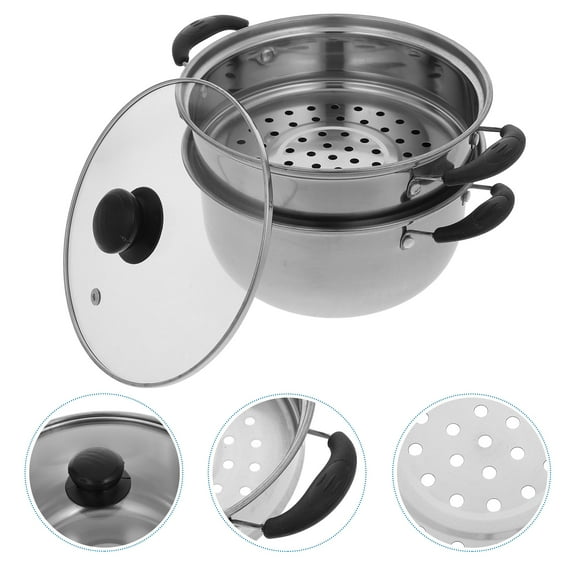 Omeite Extra thick stainless steel steamer soup pot non-stick small stew pot (20cm double handle thickened single bottom (with steaming grid))
