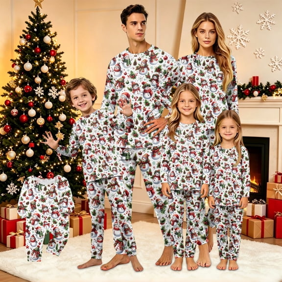 Family Holiday Pajamas, Family Pajamas, Christmas Pajamas Family, White Snowman Holly Pinecone Long Sleeve Crew Neck Soft Breathable Cozy Loungewear Set for Holiday