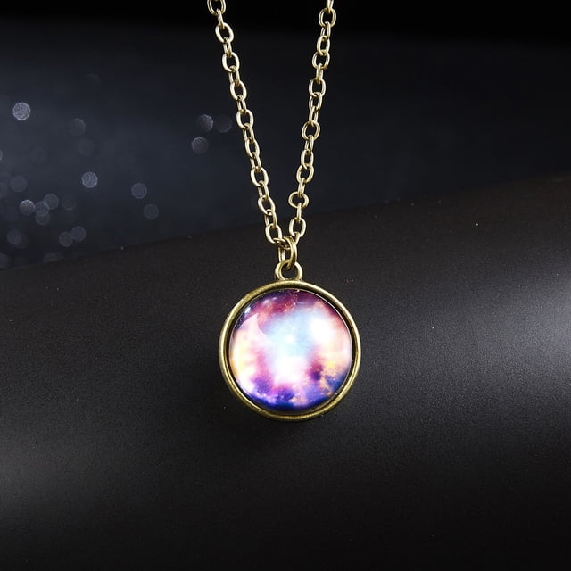 Glow In The Dark Planet Galaxy Pendant Necklace with Double Dome Glass System for Night Sky Viewing