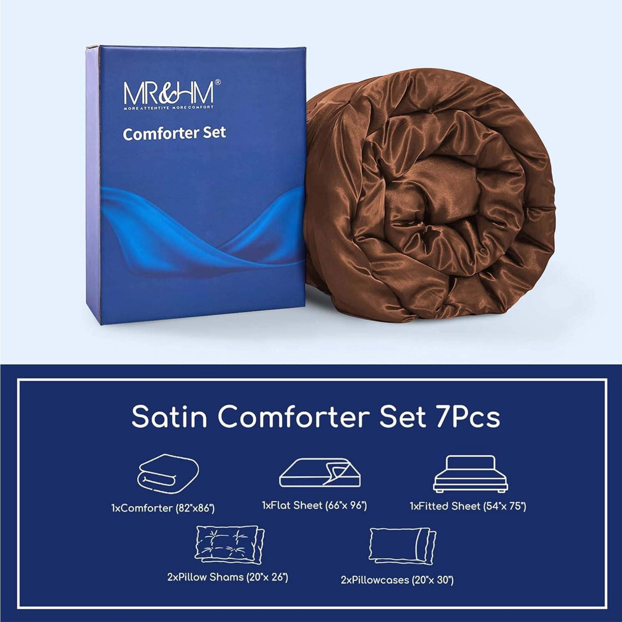 MR&HM Satin Comforter Set Full Size 7 Pieces - Luxurious Pinch Pleat Bedding Set, Silky Full Comforter, Flat Sheet, Deep Pocket Fitted Sheet with Corner Straps, Satin Pillowcases & Shams (Brown)