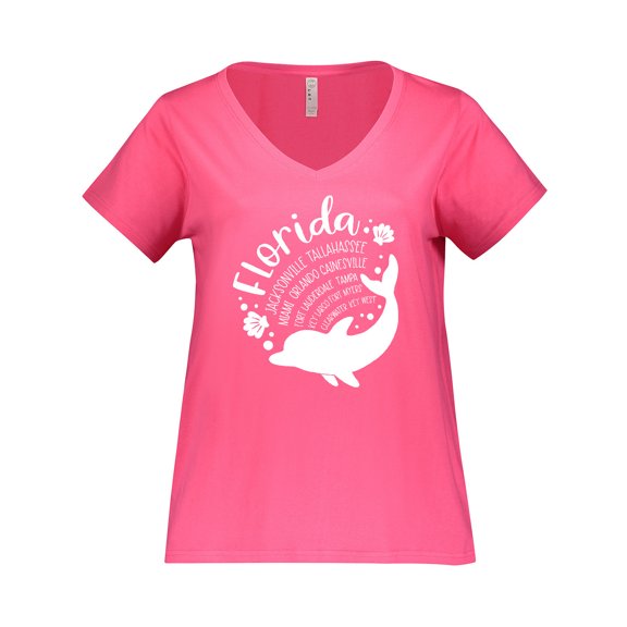 Inktastic Florida Cities with Dolphin Women's Plus Size V-Neck T-Shirt