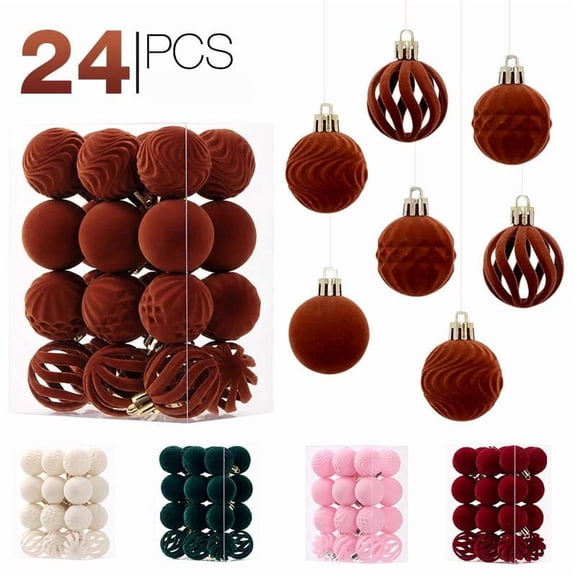 24 Pcs Flocked Christmas Ornaments Balls Velvet Shatterproof Embossed for Christmas Tree Decorations