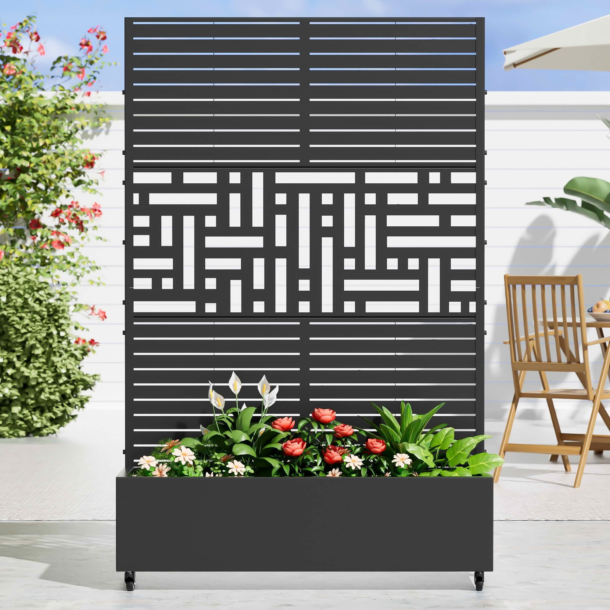 MAYEERTY 72x47x16 Inch Black Metal Planter Box with Trellis for Outdoor Garden & Patio
