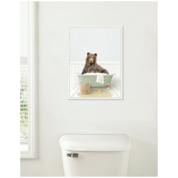 Kate and Laurel Bear in Cottage Green Bath Framed Canvas Wall Art by Amy Peterson 18 x 24 Sylvie White, Whimsical, Animals, Bathroom, Humor Art for Wall Decor, Living Room, Bedroom