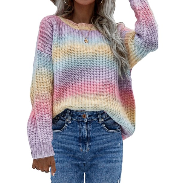 VISgogo Suéteres de cuello redondo para mujer, blusas de punto sueltas con estampado de teñido anudado de bloque de color de manga larga VISgogo moda