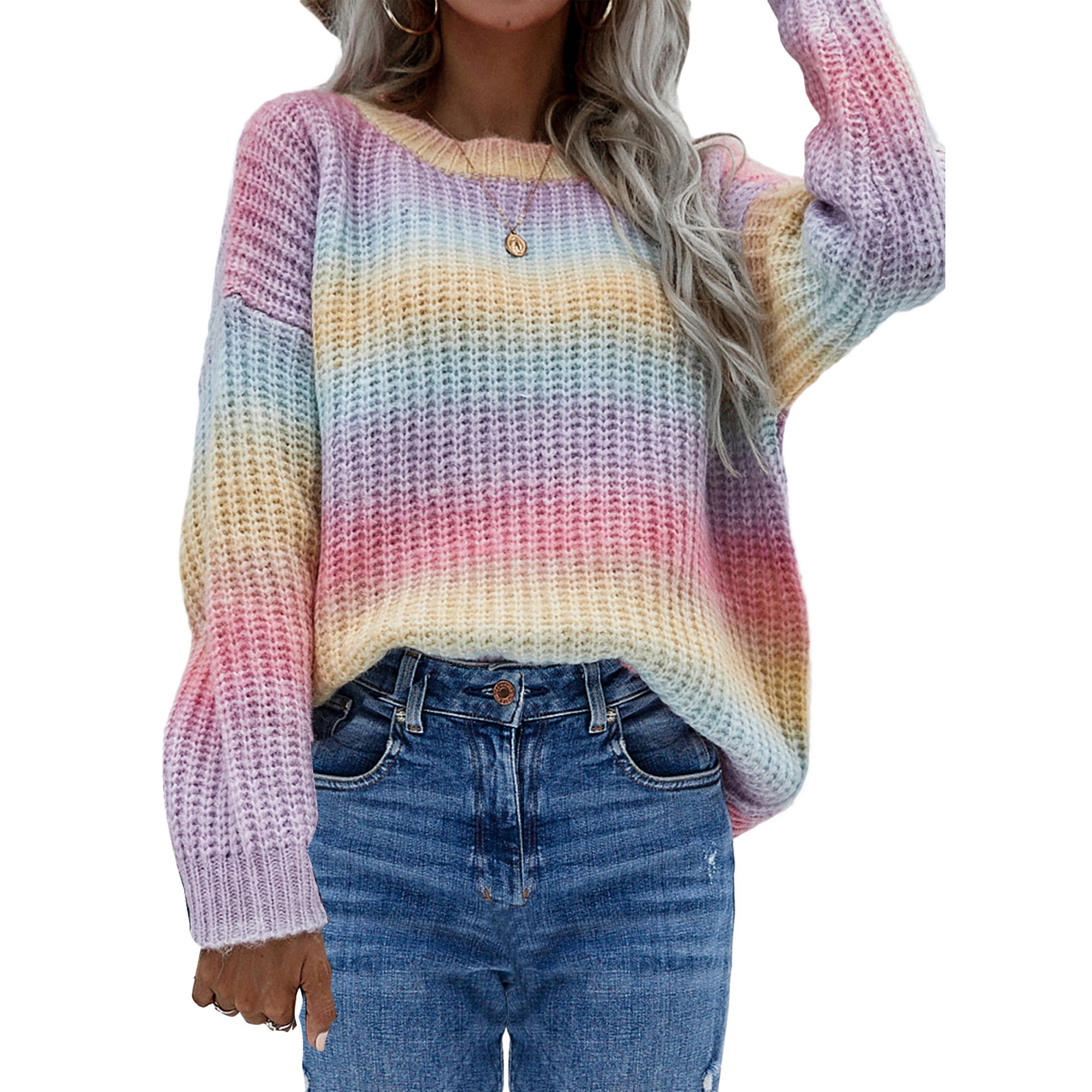 Bunke af Individualitet Ond Women's Rainbow Knit Sweater Y2k Knit Sweater Pullover Color Block Sweaters  Knitted Top Scoop Neck Long Sleeve Sweater - Walmart.com