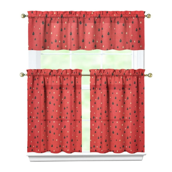 Kitchen Curtains 36 Inch Short - 3 Panel Set Watermelon Print, Rod Pocket Window Curtains 100% Polyester, Tropical Fruit Valance for Farmhouse, Cafe, Living Room, Bedroom, Easy Wash