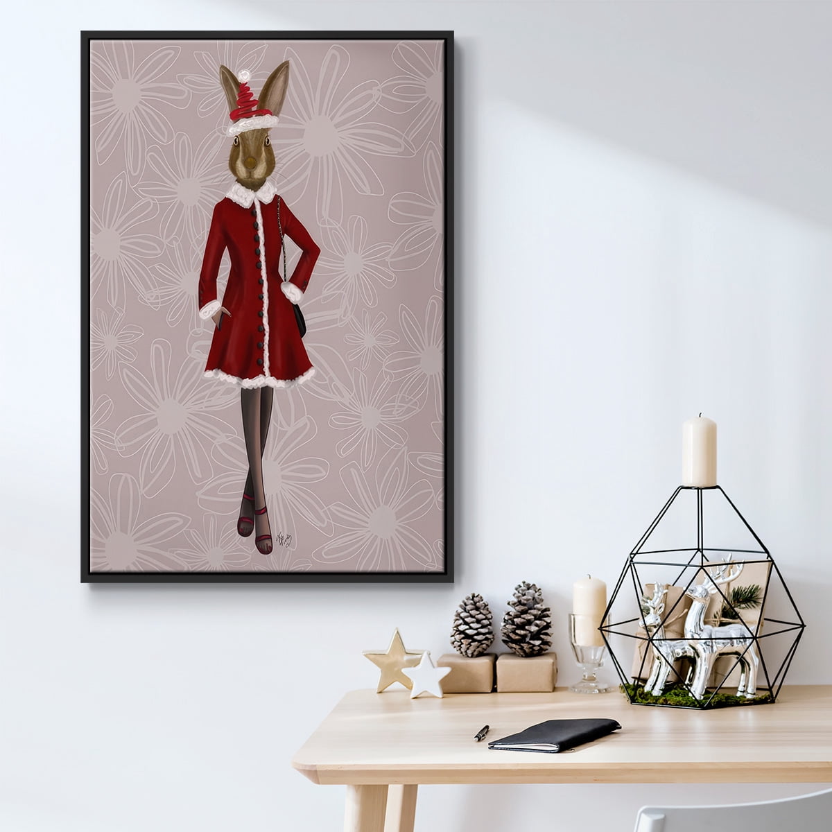 Christmas Christmas Fashion Bunny - Framed Gallery Wrapped Holiday Canvas - 25 x 37 - Black Frame
