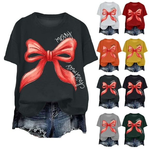 idosla Women T-Shirt,Crewneck Tee Christmas Ribbon Bowknot Short Sleeve Casual T Shirts (Orange, S)