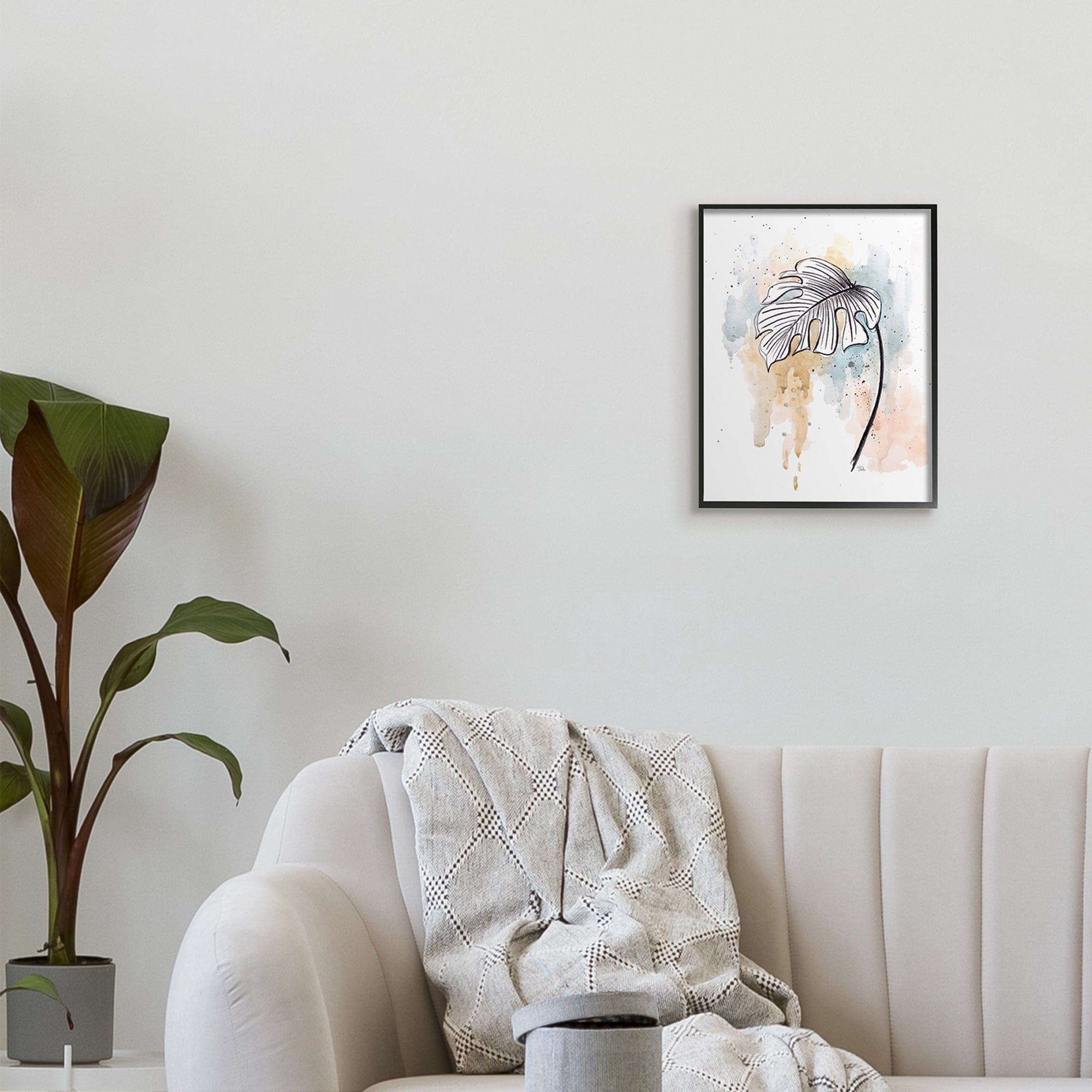 Stupell Industries Monstera Plant Stem Blue Brown Splatter Watercolor Gray Framed Art Print Wall Art, 11x14, by Patricia Pinto