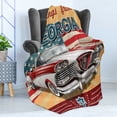thumbnail image 4 of Georgia Soft Flannel Fleece Throw Blanket, Touristic Greeting Pattern with the State Flag and a Classic Car, Cozy Plush for Indoor and Outdoor Use, 60" x 80", Slate Blue Multicolor, by Ambesonne, 4 of 5