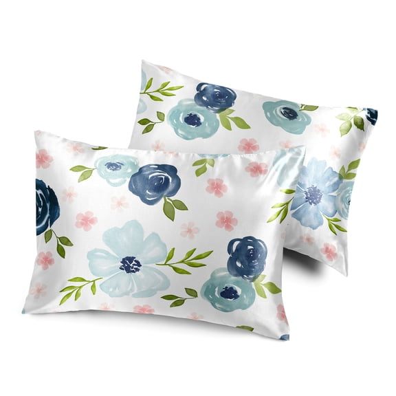 Sweet Jojo Designs Watercolor Floral Navy Blue and Pink Girl Decorative Satin Pillowcases