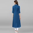 thumbnail image 4 of Janasya Indian Chinese Neck Roll-up Sleeve Solid Blue Poly Crepe Kurta For Women, 4 of 8