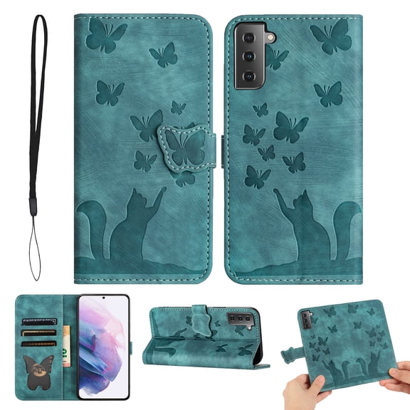 Wallet Case Designed for Samsung Galaxy S21 for Women,Flip Folio Cover with Butterfly Embossed PU Leather Kickstand Credit Card Holder Slots Magnetic Wrist Strap Phone Case, Green