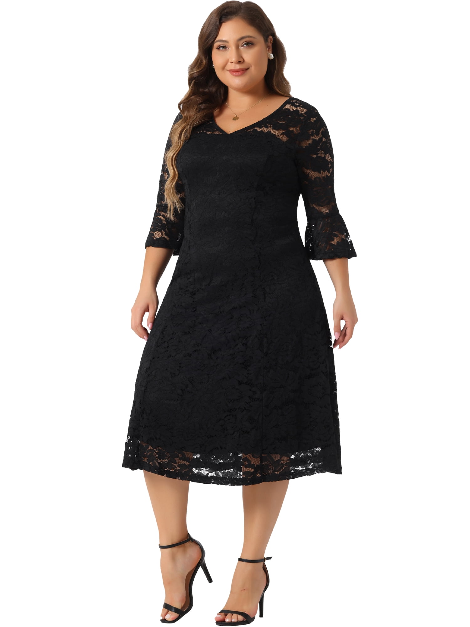 DARING DIVA Plus Size Lace V-Neck 3/4 Sleeve Midi Evening Dress 3X Black