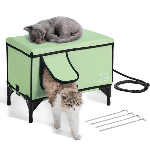 VEVOR Elevated Heated Cat House, Cuboid Kitty Shelter with Adjustable Temperature and Timer, 900D Oxford Cloth Foldable Cat Shelter with Heated Pad for Winter to Stay Warm and Cozy, Green (Large)