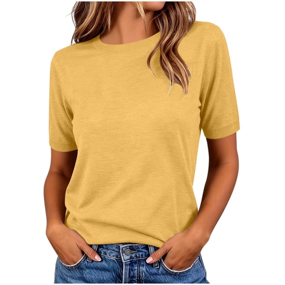 Posijego Women's Summer Sweaters Short Sleeve Knit Tops Casual Round Neck Pullover Stretch Solid Tunic Blouses for Women