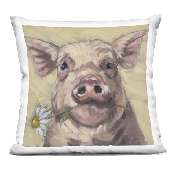 Stupell Industries Pig Holding Daisy Sprig Design by Sara G. Designs Throw Pillow