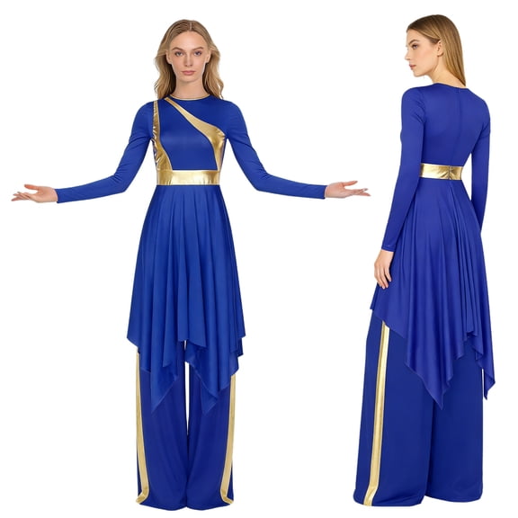 Aislor Womens Liturgical Worship Praise Dance Dress Long Sleeve Overlays Tunic with Wide Leg Baggy Pants Set Blue S