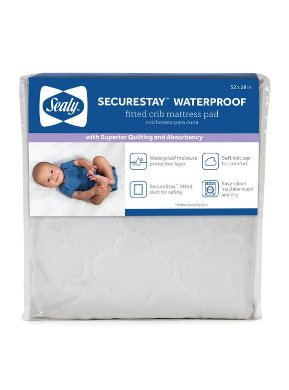 Sealy SecureStay Waterproof Crib Mattress Pads, Easy Clean Washable, Crib, White