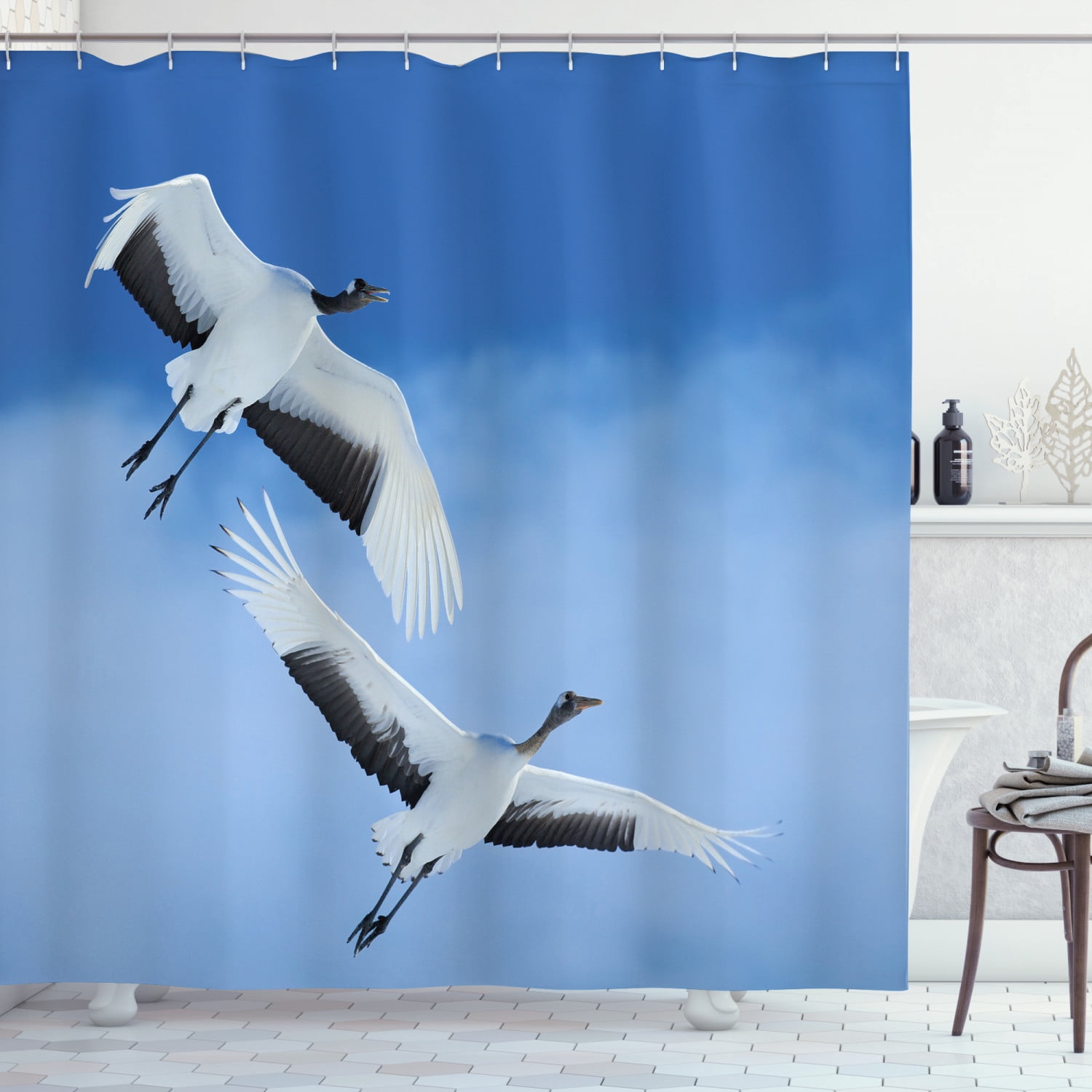 Bird Shower Curtain, Two Red Crowned Crane with Open Wings Flying in
